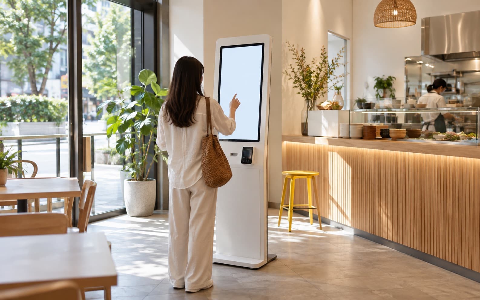 自助點餐 Kiosk 場景示意，AI 生成圖片，非實際客戶場域